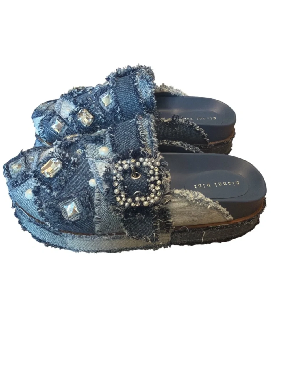 Gianni Bini Embellished Denim Patchwork Platform Mules Rhinestone Pearl 8.5 - Picture 1 of 8